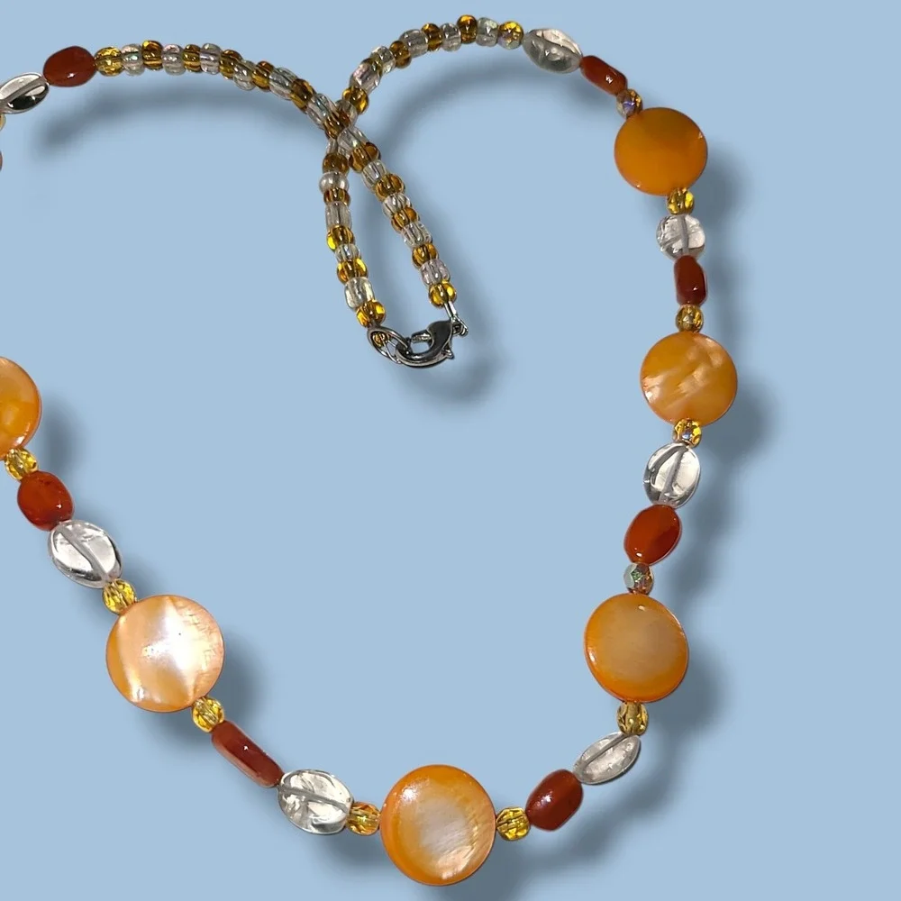 Vintage Orange & White Mother Of Pearl & Glass Beaded Necklace 17